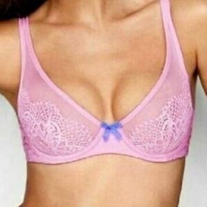 34D Victoria's Secret Body Unlined Lace Bra Plunge Demi Pink Lavender